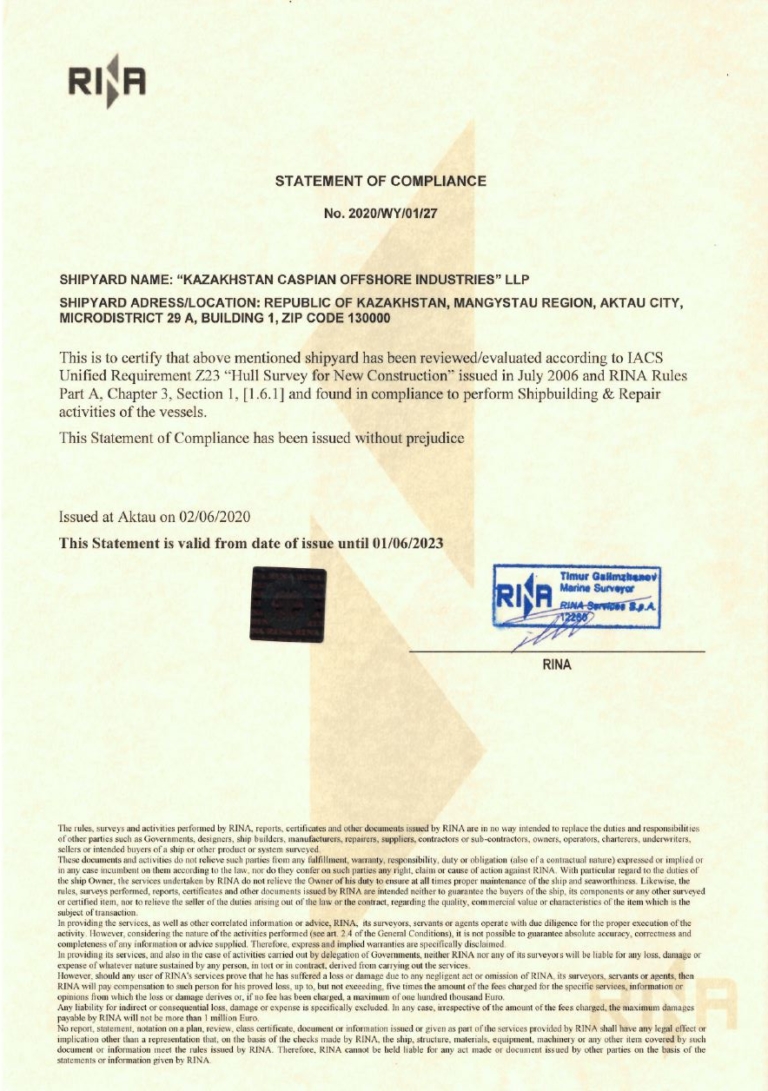 KCOI LLP shipyard has been certified by RINA
